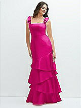Side View Thumbnail - Think Pink Bow-Shoulder Satin Maxi Dress with Asymmetrical Tiered Skirt