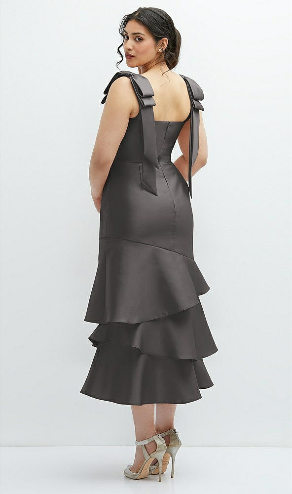 Front View - Caviar Gray Bow-Shoulder Satin Midi Dress with Asymmetrical Tiered Skirt