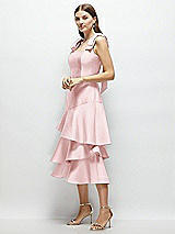 Alt View 2 Thumbnail - Ballet Pink Bow-Shoulder Satin Midi Dress with Asymmetrical Tiered Skirt
