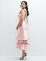 Side View Thumbnail - Ballet Pink Bow-Shoulder Satin Midi Dress with Asymmetrical Tiered Skirt