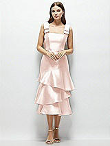 Alt View 1 Thumbnail - Blush Bow-Shoulder Satin Midi Dress with Asymmetrical Tiered Skirt