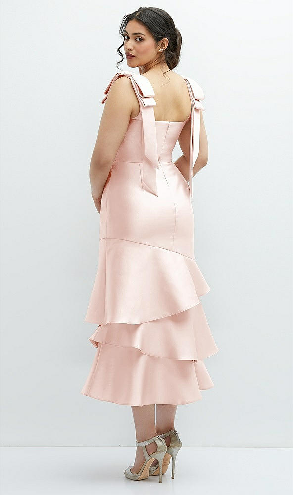 Front View - Blush Bow-Shoulder Satin Midi Dress with Asymmetrical Tiered Skirt