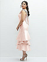 Side View Thumbnail - Blush Bow-Shoulder Satin Midi Dress with Asymmetrical Tiered Skirt