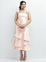 Rear View Thumbnail - Blush Bow-Shoulder Satin Midi Dress with Asymmetrical Tiered Skirt