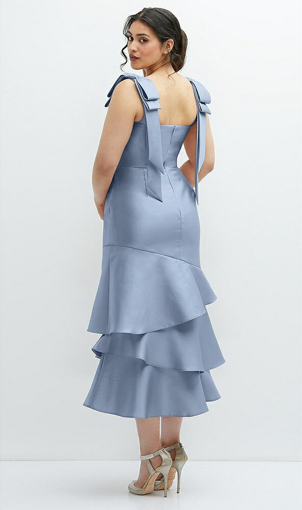 Front View - Cloudy Bow-Shoulder Satin Midi Dress with Asymmetrical Tiered Skirt