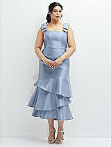 Rear View Thumbnail - Cloudy Bow-Shoulder Satin Midi Dress with Asymmetrical Tiered Skirt