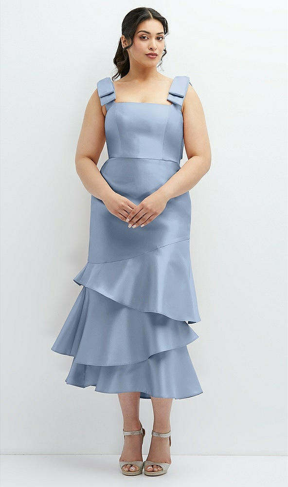 Back View - Cloudy Bow-Shoulder Satin Midi Dress with Asymmetrical Tiered Skirt