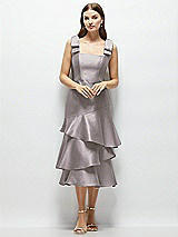 Alt View 1 Thumbnail - Cashmere Gray Bow-Shoulder Satin Midi Dress with Asymmetrical Tiered Skirt