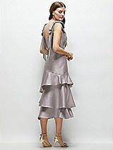 Alt View 3 Thumbnail - Cashmere Gray Bow-Shoulder Satin Midi Dress with Asymmetrical Tiered Skirt