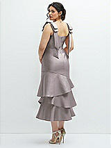 Front View Thumbnail - Cashmere Gray Bow-Shoulder Satin Midi Dress with Asymmetrical Tiered Skirt