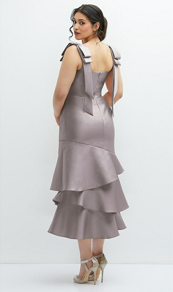 Front View - Cashmere Gray Bow-Shoulder Satin Midi Dress with Asymmetrical Tiered Skirt