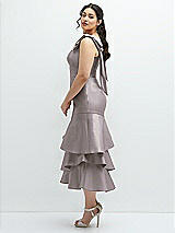 Side View Thumbnail - Cashmere Gray Bow-Shoulder Satin Midi Dress with Asymmetrical Tiered Skirt