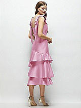Alt View 3 Thumbnail - Powder Pink Bow-Shoulder Satin Midi Dress with Asymmetrical Tiered Skirt