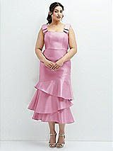 Rear View Thumbnail - Powder Pink Bow-Shoulder Satin Midi Dress with Asymmetrical Tiered Skirt