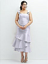 Rear View Thumbnail - Silver Dove Bow-Shoulder Satin Midi Dress with Asymmetrical Tiered Skirt