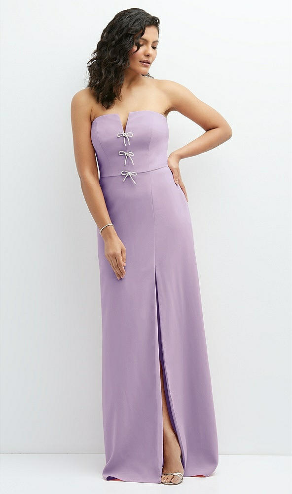 Front View - Pale Purple Strapless Notch-Neck Crepe A-line Dress with Rhinestone Piping Bows