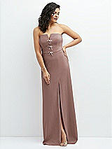 Front View Thumbnail - Sienna Strapless Notch-Neck Crepe A-line Dress with Rhinestone Piping Bows