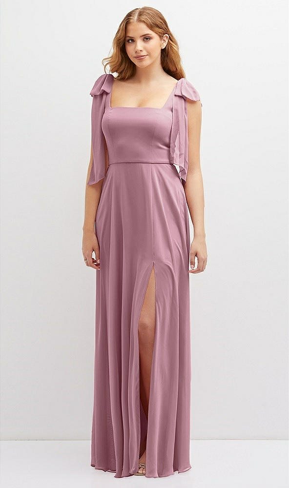 Front View - Dusty Pink Bow Shoulder Square Neck Chiffon Maxi Dress