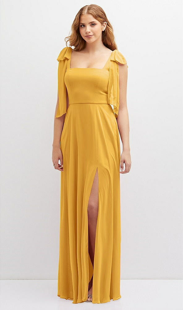 Front View - NYC Yellow Bow Shoulder Square Neck Chiffon Maxi Dress