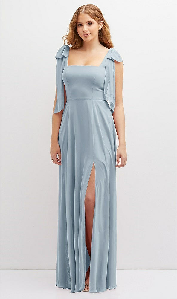 Front View - Mist Bow Shoulder Square Neck Chiffon Maxi Dress