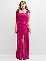 Front View Thumbnail - Think Pink Bow Shoulder Square Neck Chiffon Maxi Dress
