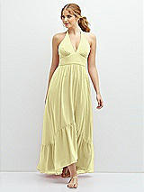 Front View Thumbnail - Butter Yellow Chiffon Halter High-Low Dress with Deep Ruffle Hem