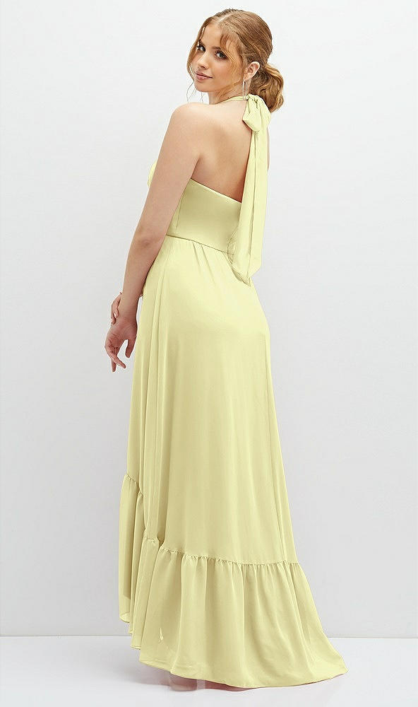 Back View - Butter Yellow Chiffon Halter High-Low Dress with Deep Ruffle Hem