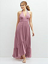 Front View Thumbnail - Dusty Pink Chiffon Halter High-Low Dress with Deep Ruffle Hem