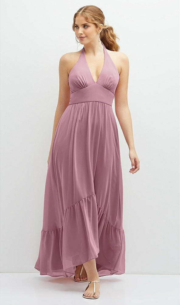 Front View - Dusty Pink Chiffon Halter High-Low Dress with Deep Ruffle Hem