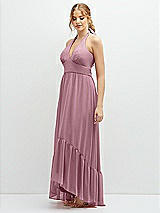 Side View Thumbnail - Dusty Pink Chiffon Halter High-Low Dress with Deep Ruffle Hem