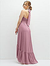 Rear View Thumbnail - Dusty Pink Chiffon Halter High-Low Dress with Deep Ruffle Hem