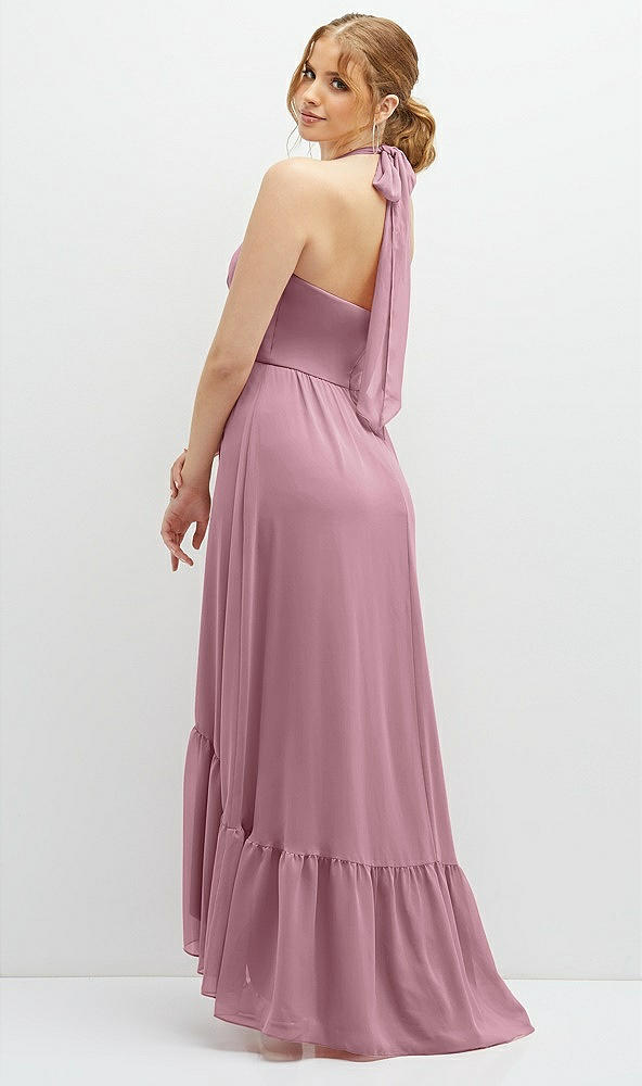 Back View - Dusty Pink Chiffon Halter High-Low Dress with Deep Ruffle Hem