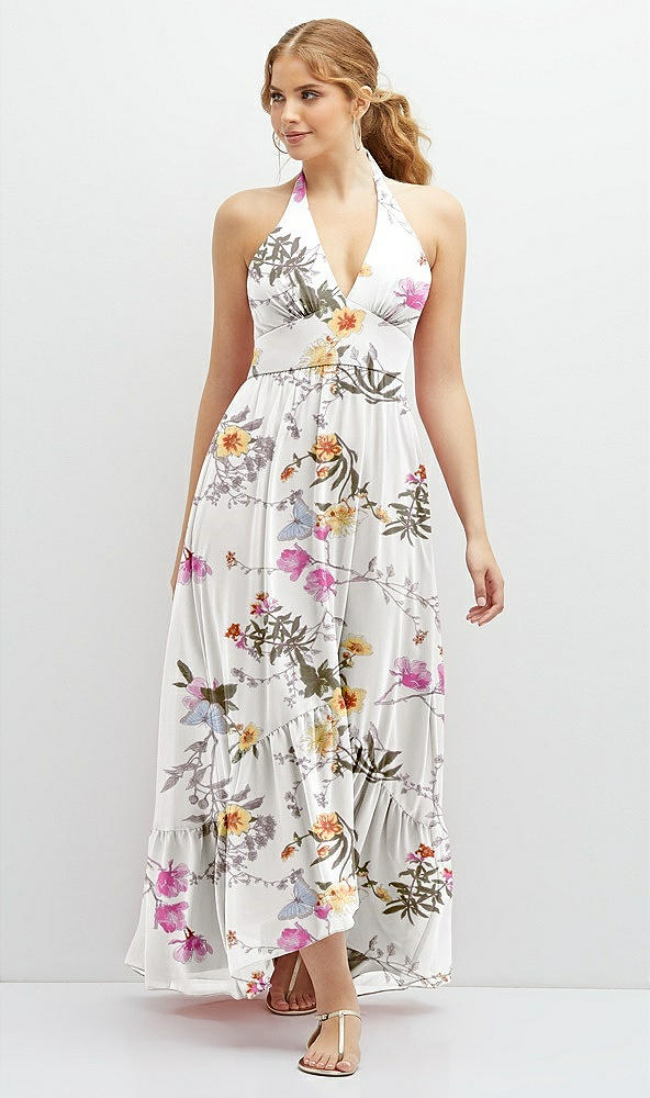 Front View - Butterfly Botanica Ivory Chiffon Halter High-Low Dress with Deep Ruffle Hem