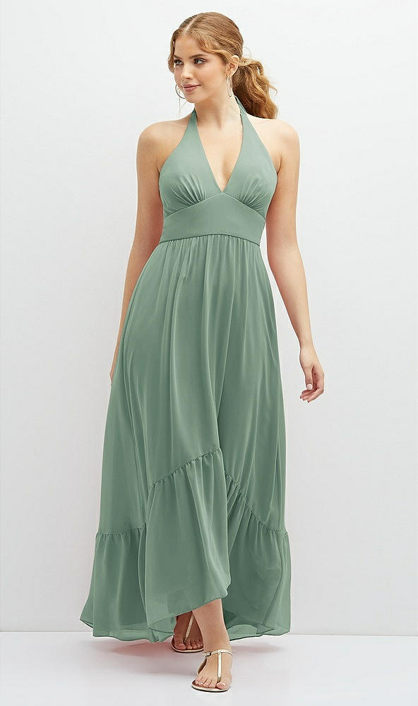 Front View - Seagrass Chiffon Halter High-Low Dress with Deep Ruffle Hem