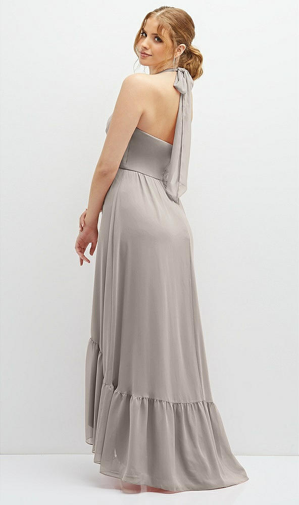 Back View - Taupe Chiffon Halter High-Low Dress with Deep Ruffle Hem