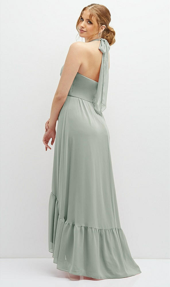 Back View - Willow Green Chiffon Halter High-Low Dress with Deep Ruffle Hem