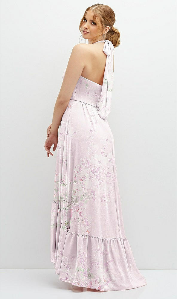 Back View - Watercolor Print Chiffon Halter High-Low Dress with Deep Ruffle Hem