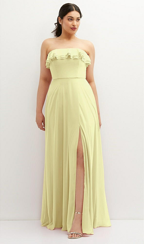 Front View - Butter Yellow Tiered Ruffle Neck Strapless Maxi Dress with Front Slit