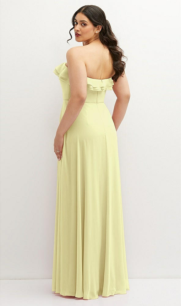 Back View - Butter Yellow Tiered Ruffle Neck Strapless Maxi Dress with Front Slit