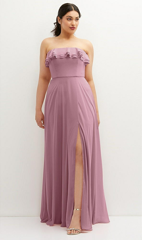 Front View - Dusty Pink Tiered Ruffle Neck Strapless Maxi Dress with Front Slit