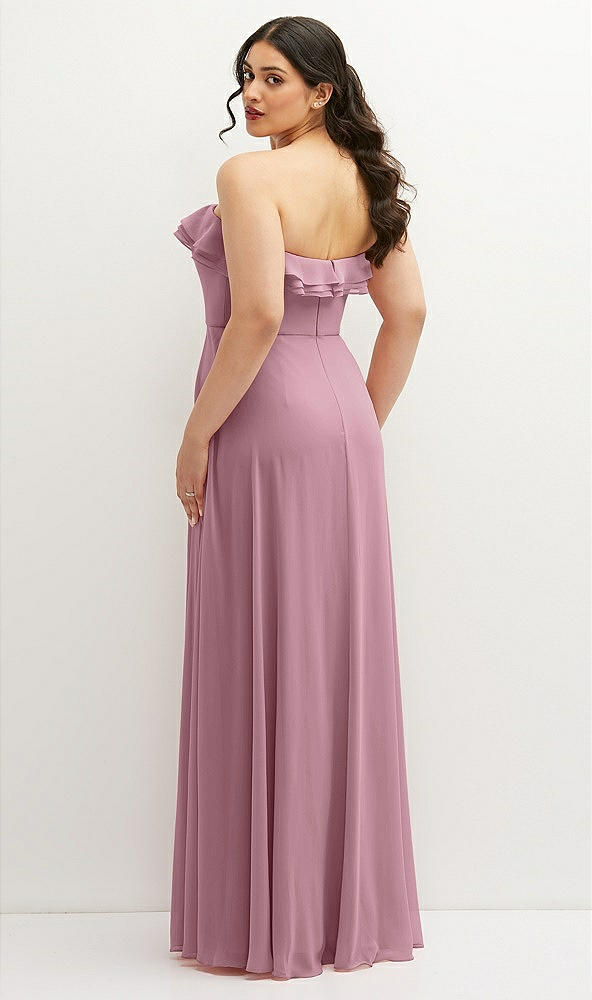 Back View - Dusty Pink Tiered Ruffle Neck Strapless Maxi Dress with Front Slit