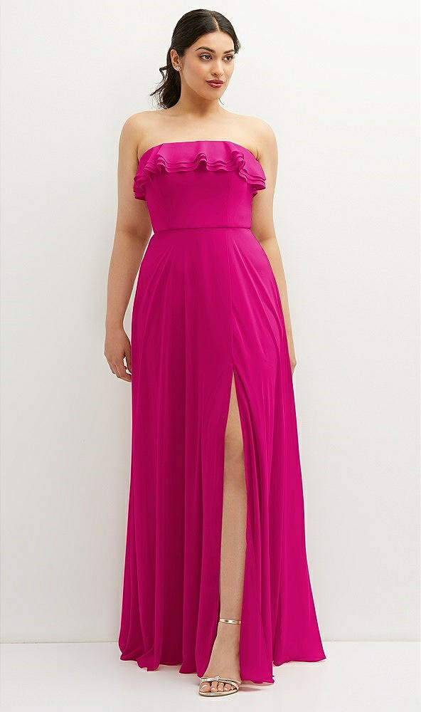 Front View - Think Pink Tiered Ruffle Neck Strapless Maxi Dress with Front Slit