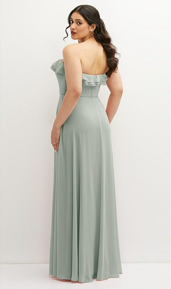 Back View - Willow Green Tiered Ruffle Neck Strapless Maxi Dress with Front Slit