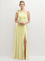 Front View Thumbnail - Butter Yellow Handworked Flower Trimmed One-Shoulder Chiffon Maxi Dress