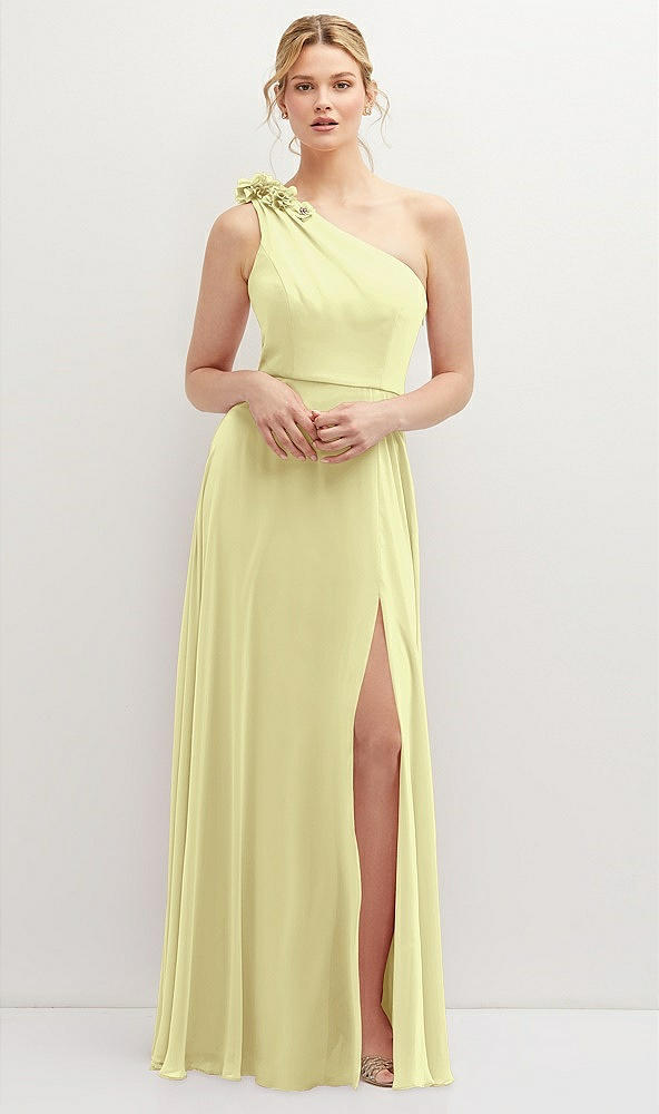 Front View - Butter Yellow Handworked Flower Trimmed One-Shoulder Chiffon Maxi Dress