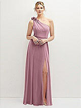 Front View Thumbnail - Dusty Pink Handworked Flower Trimmed One-Shoulder Chiffon Maxi Dress