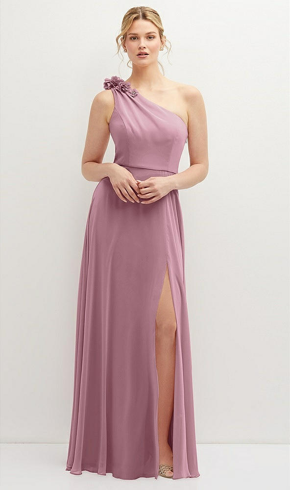 Front View - Dusty Pink Handworked Flower Trimmed One-Shoulder Chiffon Maxi Dress