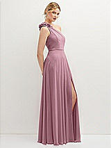 Side View Thumbnail - Dusty Pink Handworked Flower Trimmed One-Shoulder Chiffon Maxi Dress