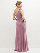 Rear View Thumbnail - Dusty Pink Handworked Flower Trimmed One-Shoulder Chiffon Maxi Dress