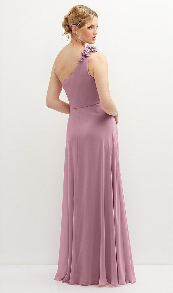 Back View - Dusty Pink Handworked Flower Trimmed One-Shoulder Chiffon Maxi Dress